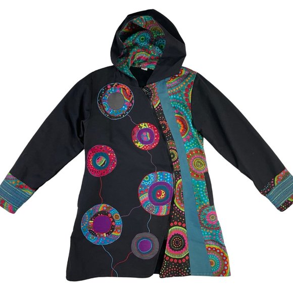 Vintage Jacket Cotton Abstract Patchwork Zip Knee Length Fleece Lined Large XL - Picture 1 of 8